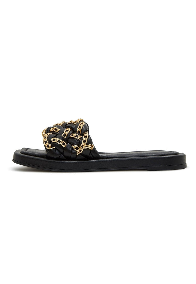 A close-up image of black leather chain sandals for women, perfect for the summer with a stylish chain detail design.