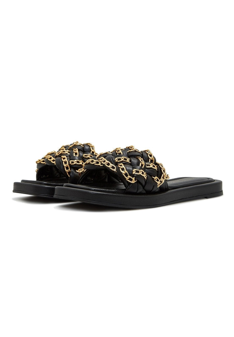 A stylish pair of black leather chain detail sandals for women, perfect for summer outings and chic looks.