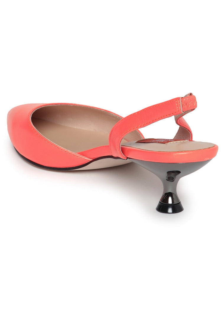 A stylish pair of women's orange leather kitten heel sandals, perfect for a chic and comfortable look.