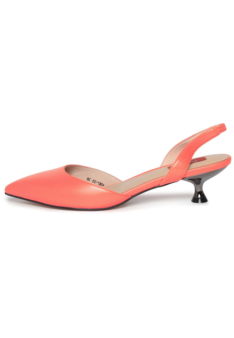 A fashionable pair of women's orange leather kitten heel sandals, perfect for adding a touch of style and sophistication to any outfit.