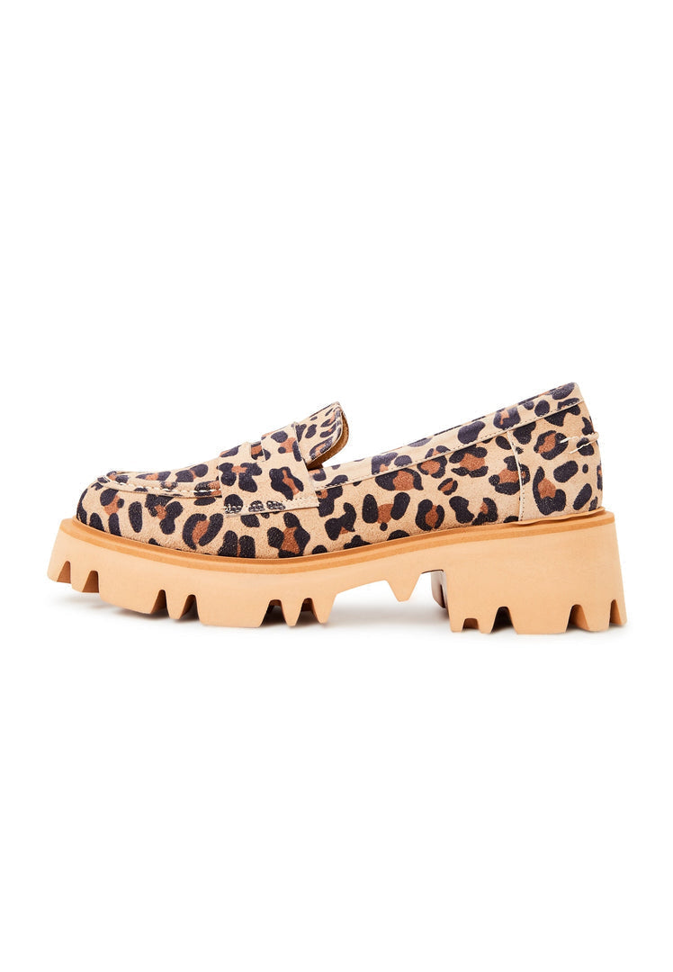 A pair of chunky platform loafers in fierce leopard print, perfect for making a bold statement with women's platform shoes and animal print loafers.