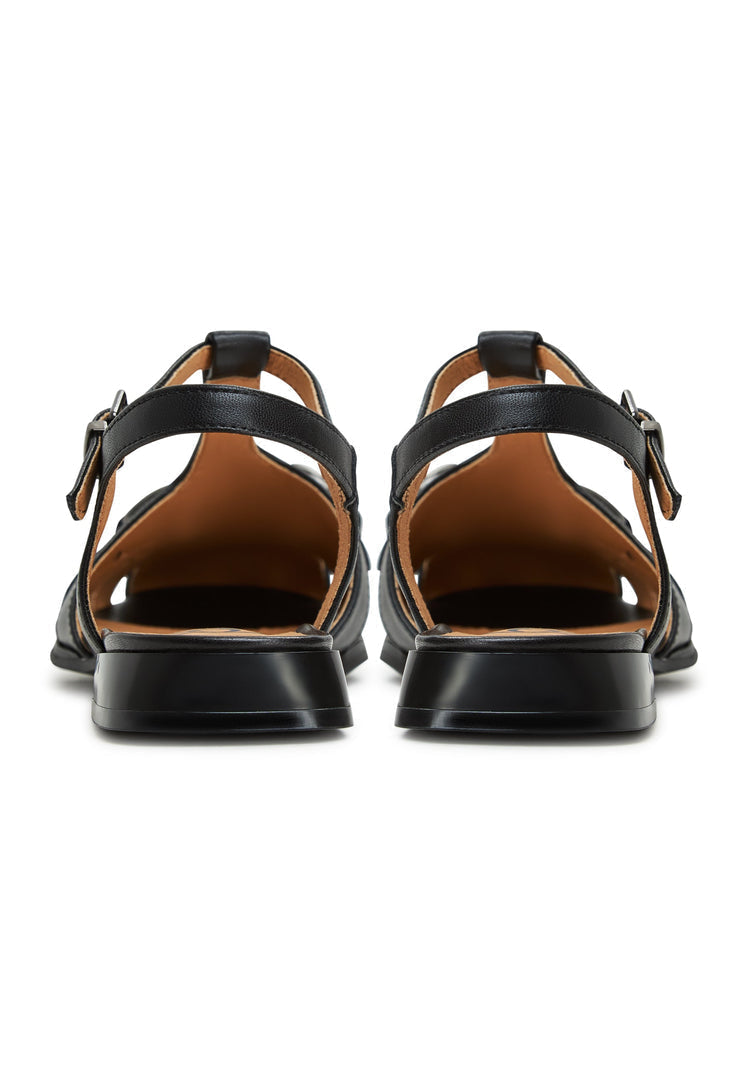 A close-up image of black Aisha flat sole sandals, a stylish and chic choice for women's summer footwear.