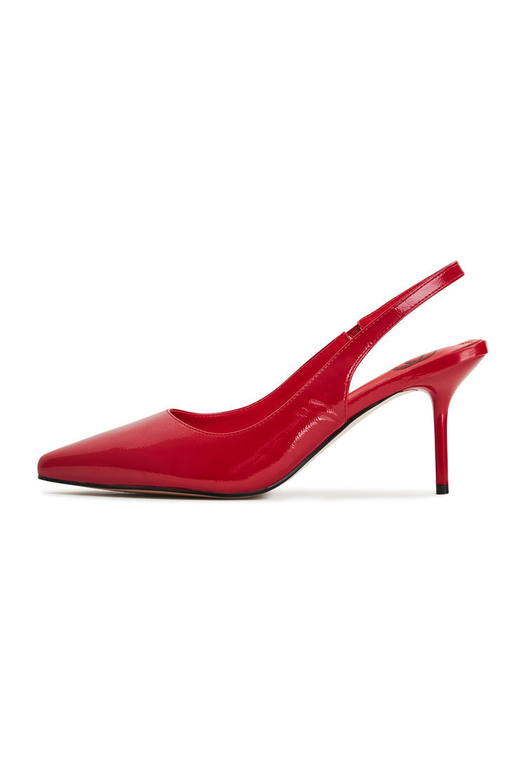 A stylish pair of red high heeled pumps called Harper red pumps for women, perfect for any occasion.