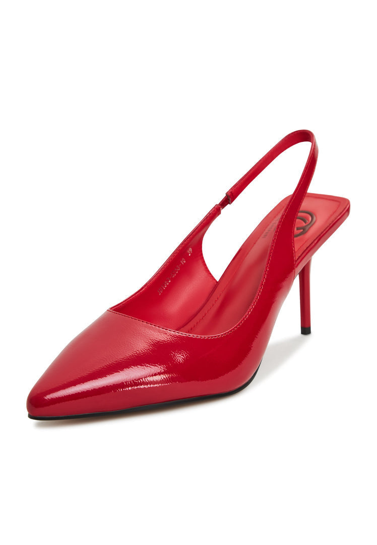 A stylish pair of red high heeled pumps, perfect for any occasion.