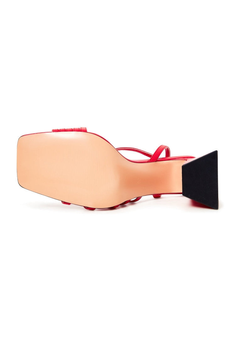 A pair of stylish red chunky comfort sandals for women, ideal for comfortable and trendy footwear.