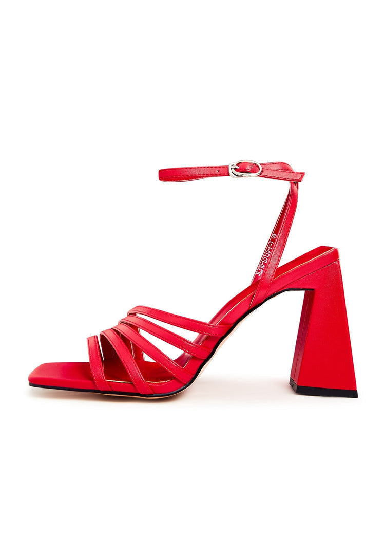 A pair of stylish red chunky comfort sandals for women, ideal for comfortable footwear.