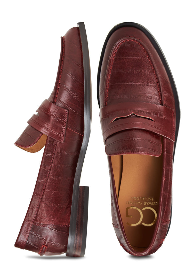 A stylish collection of women's leather loafers and block heeled shoes in fashionable Bordeaux color.