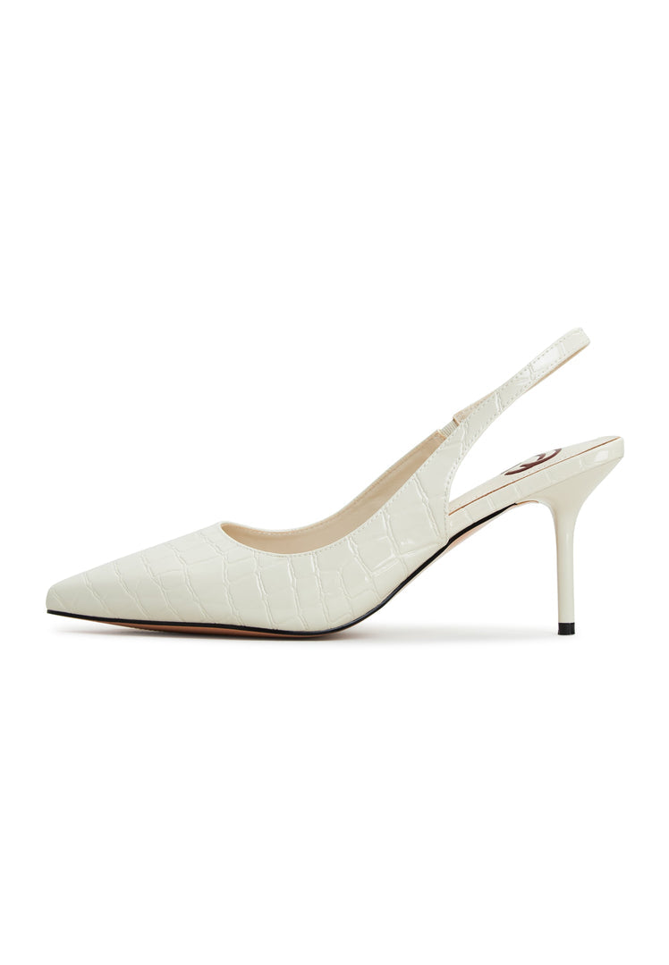 A stylish pair of white Harper pumps, high heeled women's footwear for fashionable outfit.