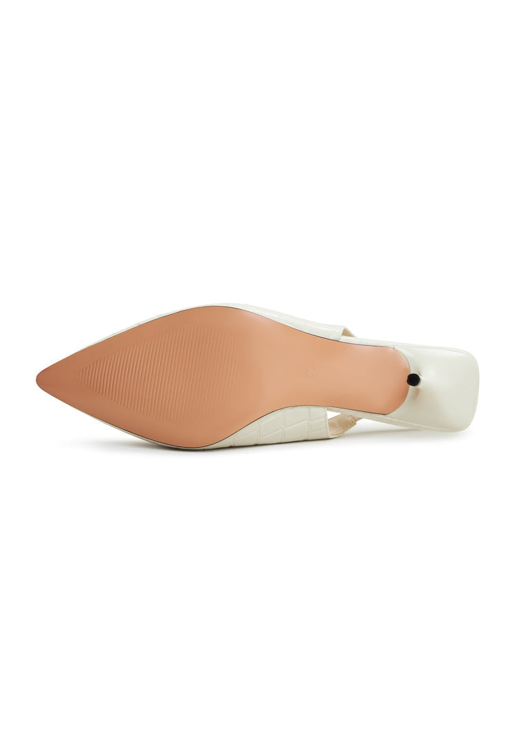 A pair of stylish white Harper pumps, high heeled women's footwear perfect for adding a touch of glamour to any outfit.
