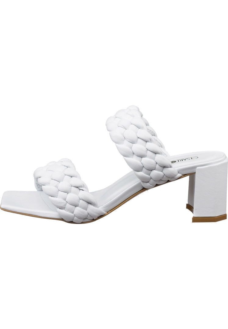 A close-up image of stylish white braided heel sandals for women, perfect for summer footwear.