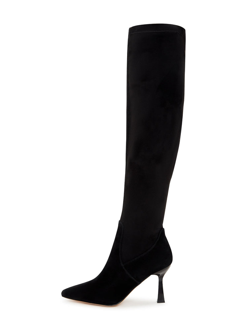 A stylish pair of suede leather over the knee boots with stiletto heels, pointed toes, and a trendy look for women's fashion.