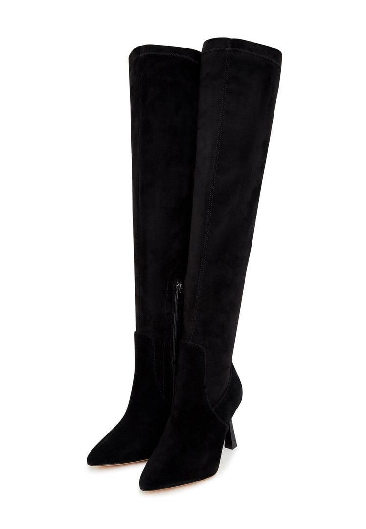 A stylish pair of over the knee suede leather stiletto boots with pointed toes, a trendy choice in women's fashion footwear.