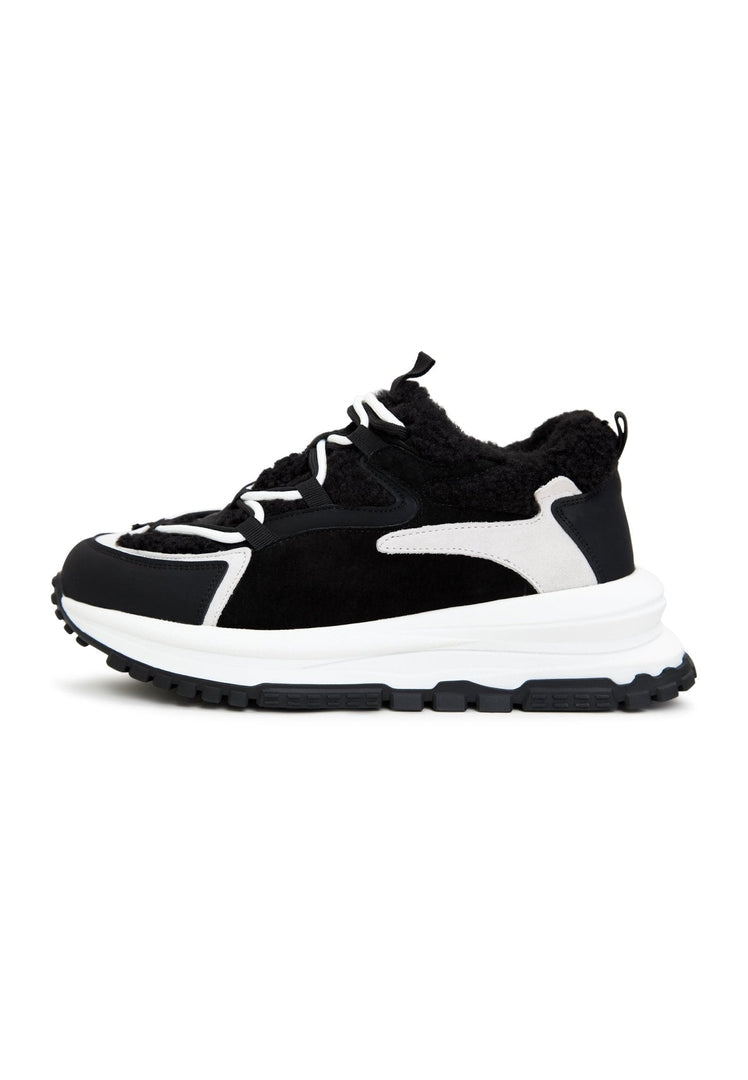 A stylish pair of black platform sneakers, perfect for those looking for warm and trendy fashion footwear.