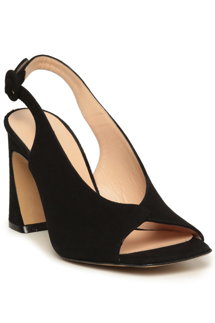 A chic pair of black peep toe high heel sandals with a charming design for women.