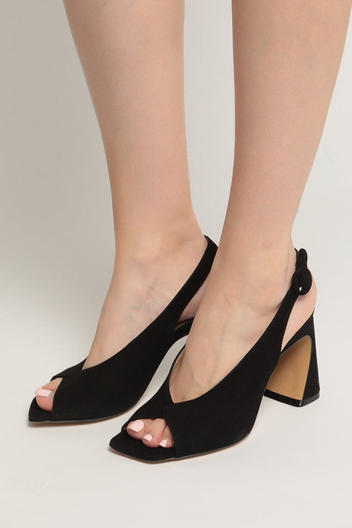 A fashionable pair of black charm peep toe heels for women, perfect for any special occasion.