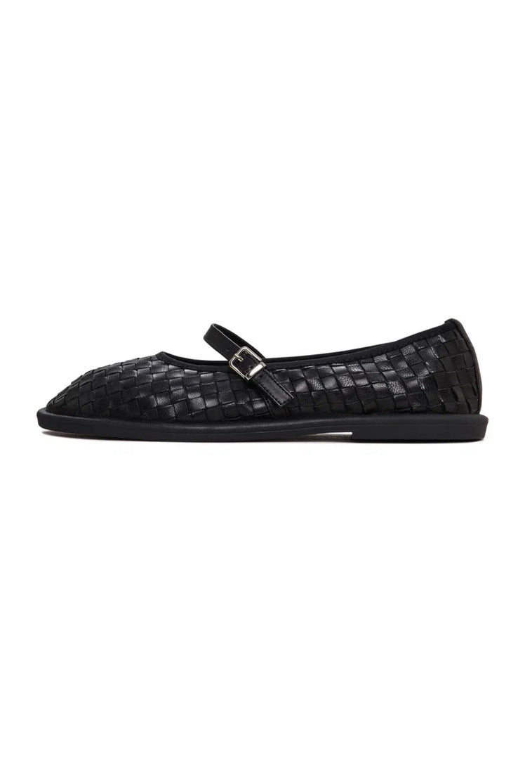 A stylish pair of black Woven Elegance Mary Janes, perfect for women looking for fashionable and elegant shoes.