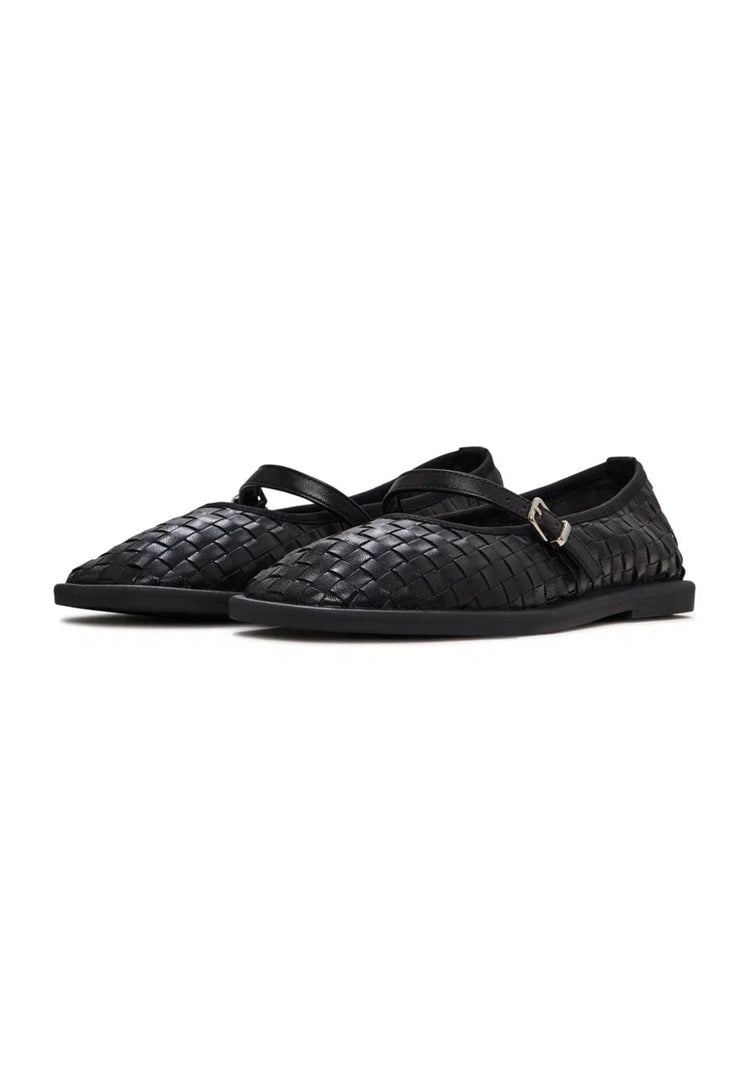 A stylish pair of black Women's Mary Janes featuring woven elegance, perfect for any fashion-forward outfit.