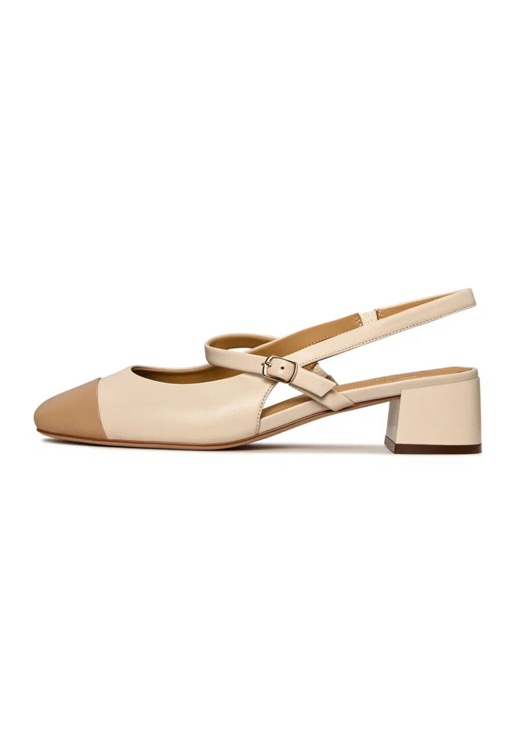 A stylish pair of light beige women's slingback block heel pumps - the perfect addition to your wardrobe with the Pumps Marisol style and contemporary fashion block heel design.