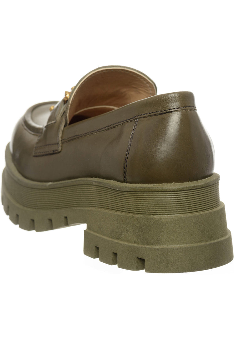 A pair of stylish women's loafers in dark green, featuring studded details and a chunky design, perfect for fashion-forward footwear enthusiasts.