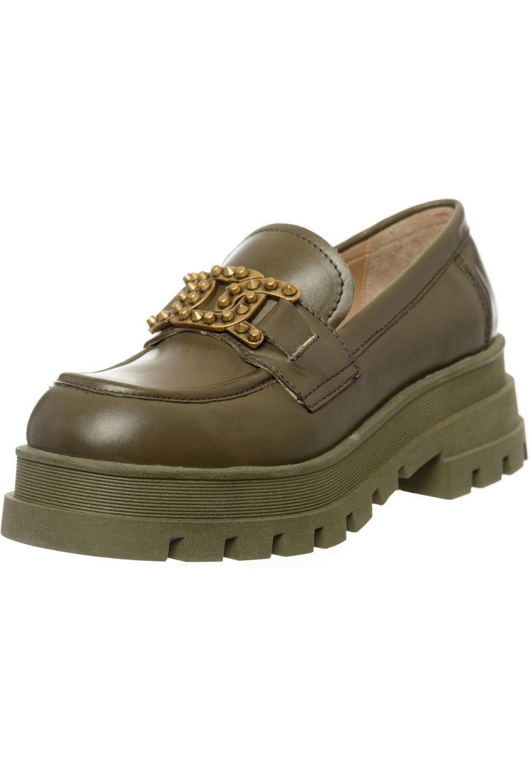 A stylish pair of women's dark green studded and chunky loafers, perfect for adding a trendy touch to your fashion footwear collection.