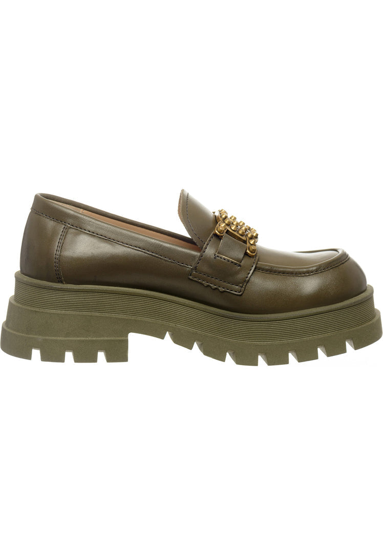 A stylish pair of women's fashion footwear in dark green, featuring studded and chunky loafers design.