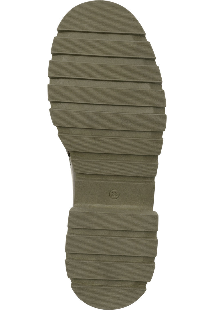 A close-up image of stylish studded and chunky dark green loafers for women, perfect for a trendy fashion footwear look.