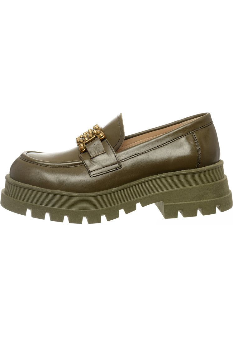 A pair of stylish studded and chunky dark green loafers, the perfect fashion footwear for women.