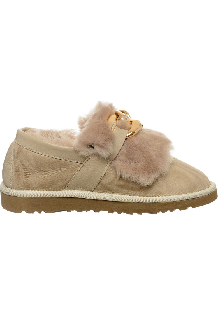 A sophisticated pair of beige fur-lined chain loafers, the perfect designer shoes for women.