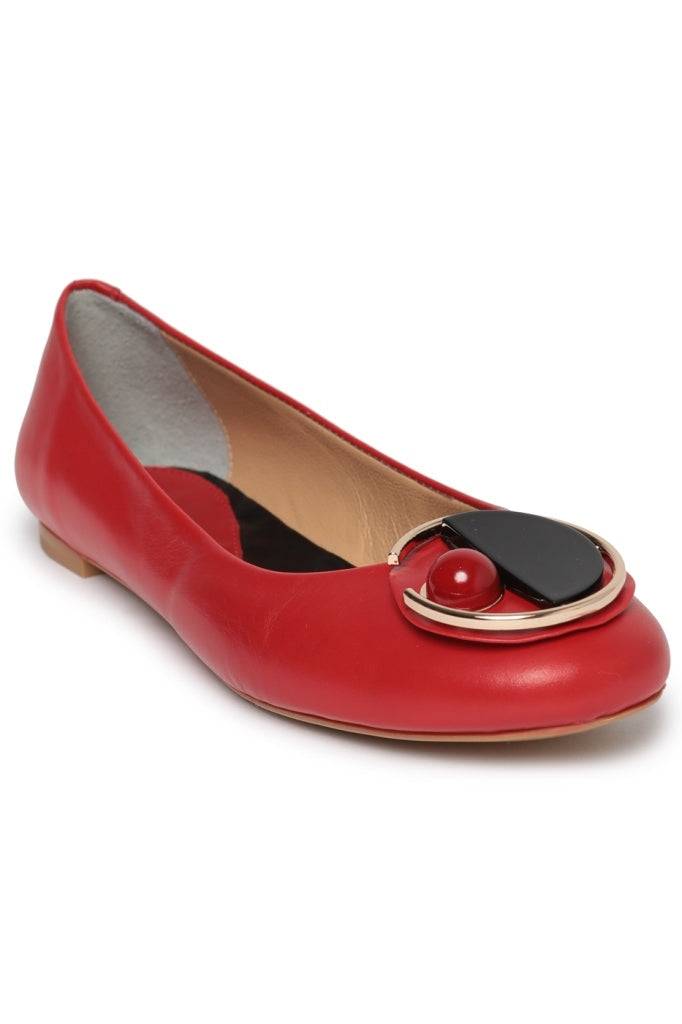 A pair of stylish red geometric ballet flats, the perfect modern and eye-catching shoes for any outfit.
