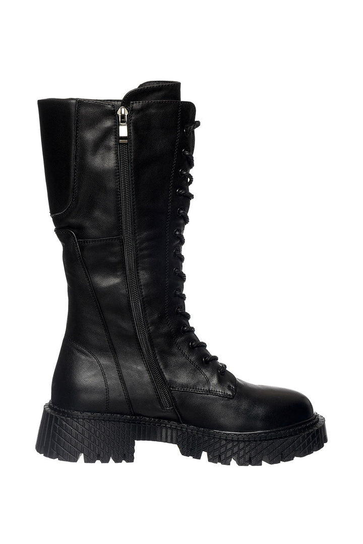 A pair of black high-laced combat boots, military style with tactical lace-up design, ready for combat.
