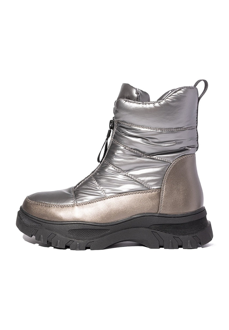 A pair of stylish silver winter boots, ideal for snowy and cold weather conditions, perfect for keeping your feet warm and cozy.