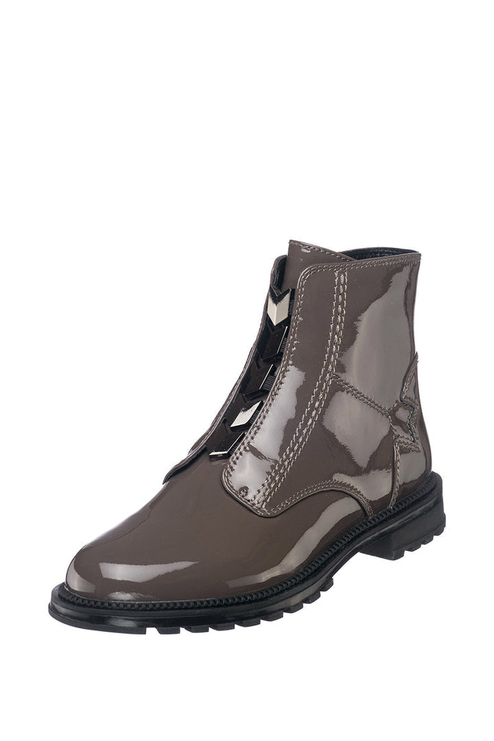 A pair of stylish brown ankle zip-up boots with a glossy finish.