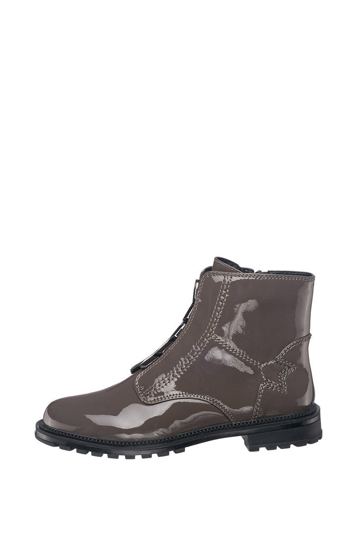 A pair of stylish brown ankle boots with a glossy finish and zip-up design.