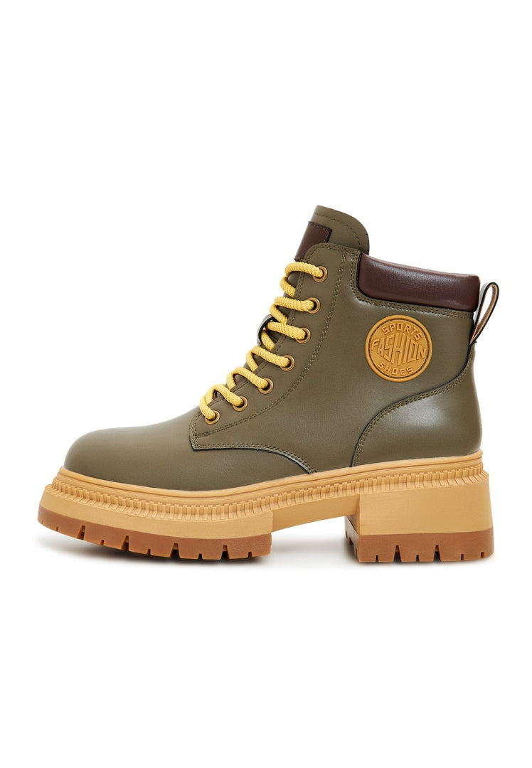 A stylish pair of trendy green lace-up ankle boots, perfect for any fashionable woman's footwear collection.