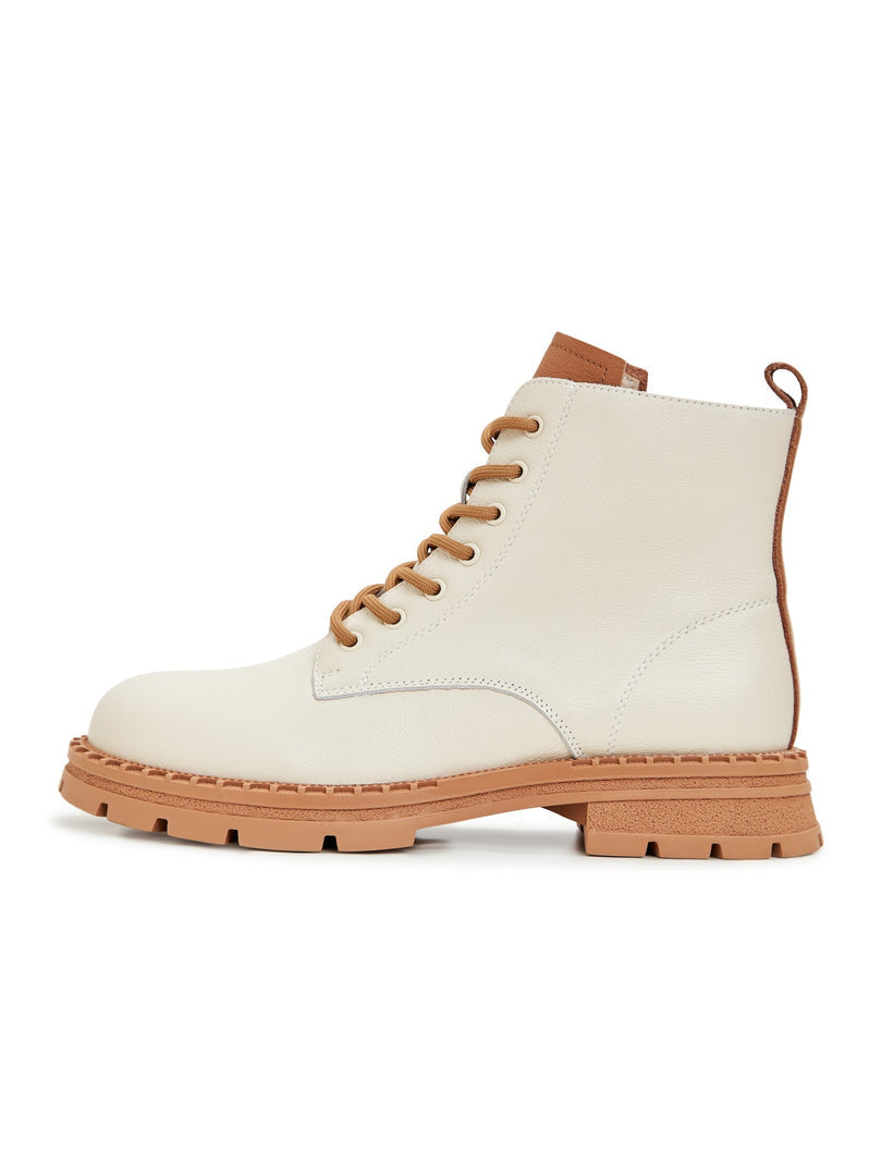 A pair of stylish off-white leather ankle lace-up boots for women, perfect for fashionable outfits.