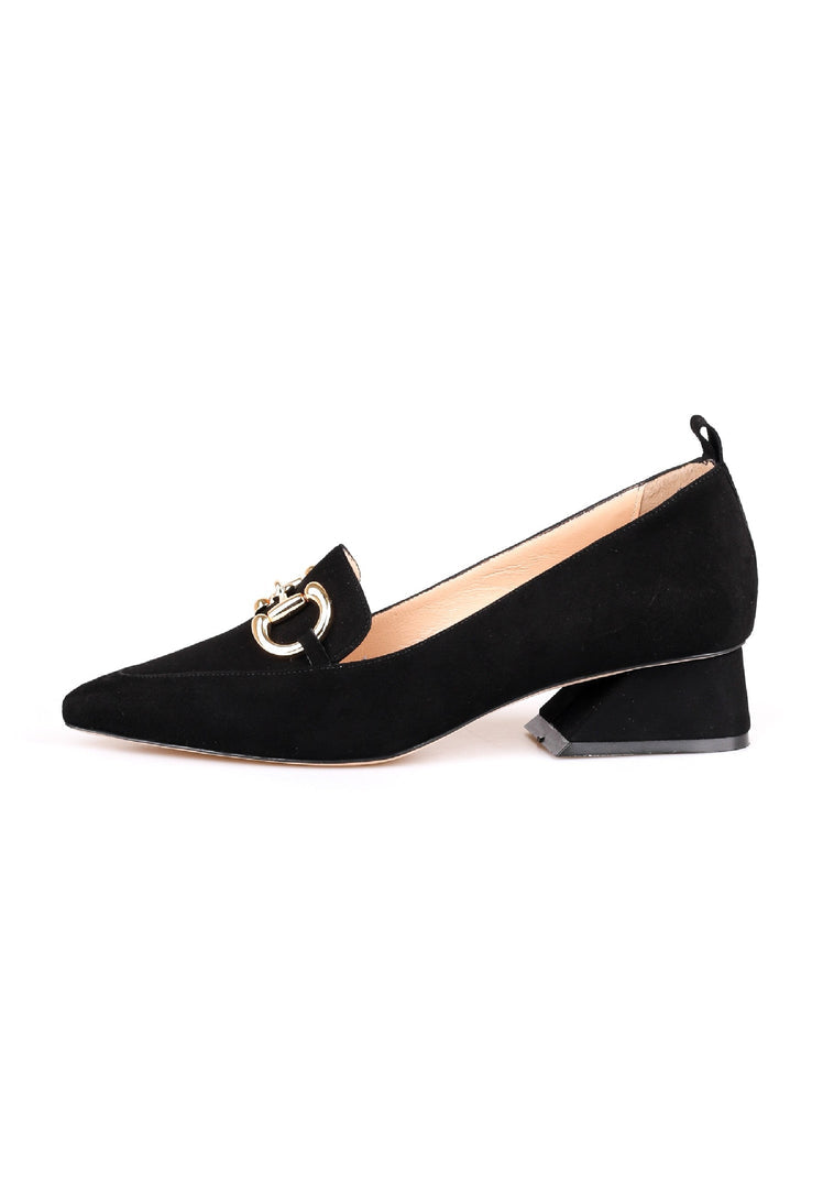 A stylish image featuring women's footwear including suede block heels, loafers with chain detail, and black shoes with gold chain accents.