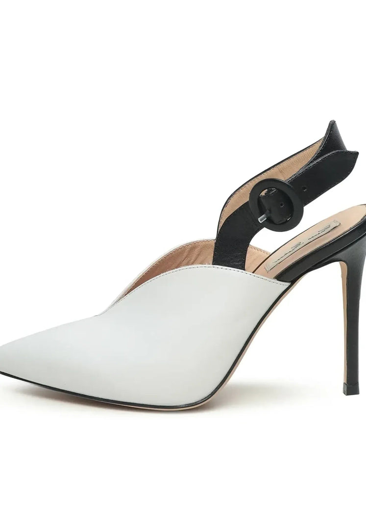 A stylish pair of white stilettos with contrasting slingback design, known as Celestia heels, perfect for a fashion-forward look.