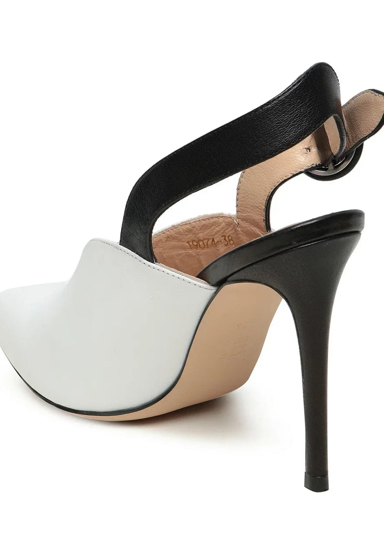 A stylish pair of white stilettos and contrast slingback Celestia heels - the perfect blend of fashion stilettos and chic slingback heels.