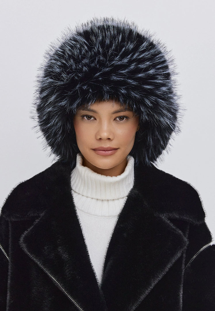 A stylish black faux fur hat, perfect for winter fashion statements.