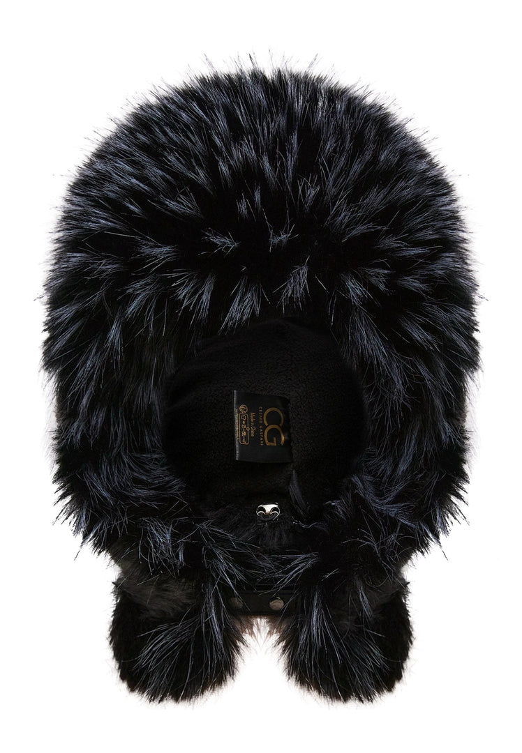 A stylish black faux fur hat perfect for keeping warm in the winter.