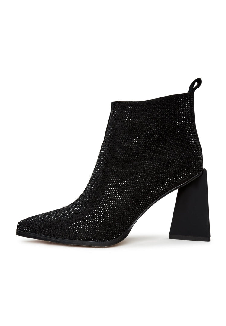 A pair of stylish black suede ankle boots with a pointed toe and block heel, perfect for any outfit.