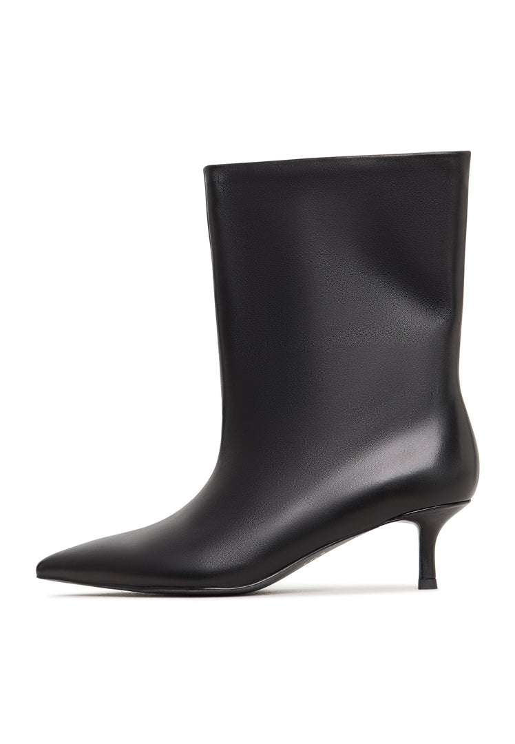 A stylish pair of black Regina ankle boots with kitten heels, perfect for women who love chic footwear choices.