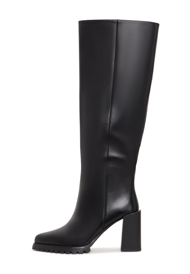 A stylish pair of women's knee-high block heel boots in bold black, perfect for a fashionable look.