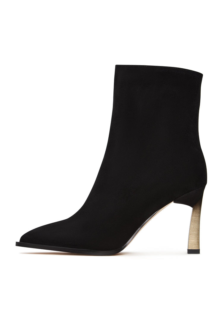A pair of chic black stiletto heel ankle boots, also known as Scarlett ankle boots, a perfect choice for adding a pop of color to your outfit.