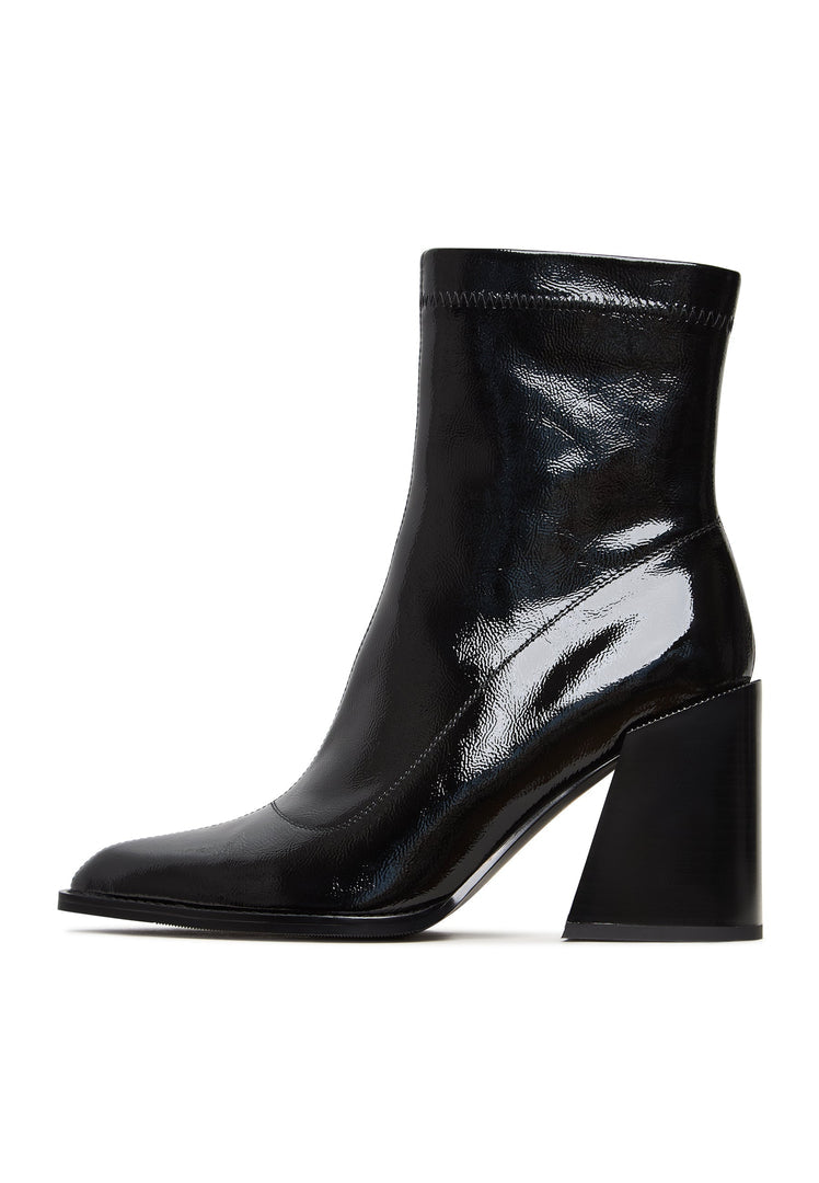 A close-up image of women's stylish Layla leather block heel boots in patent black, featuring a trendy chunky heel design.