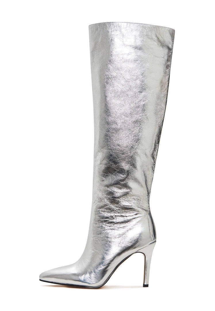 A chic pair of silver knee-high high heel boots, the perfect metallic footwear for a trendy statement look.