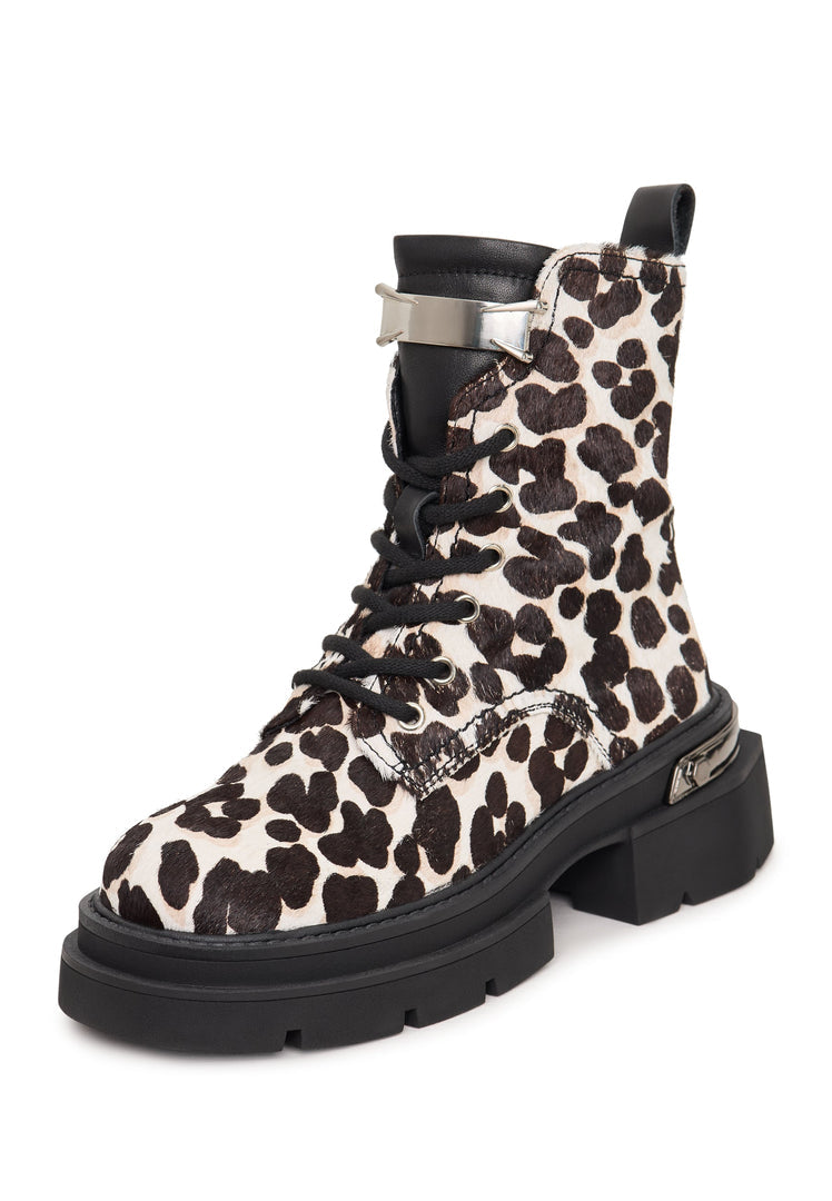 A stylish pair of classic leather platform ankle boots with a fierce touch of Luna leopard print design.
