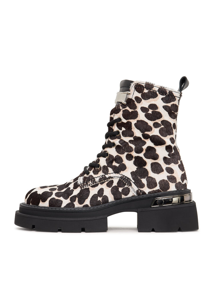 A stylish pair of classic leather platform ankle boots in Luna leopard print, perfect for adding a statement to your outfit.