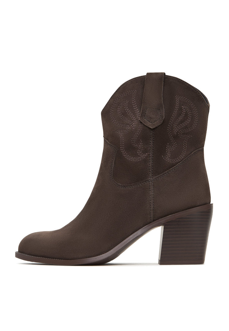 A pair of stylish brown suede ankle boots, perfect for a fashionable look.