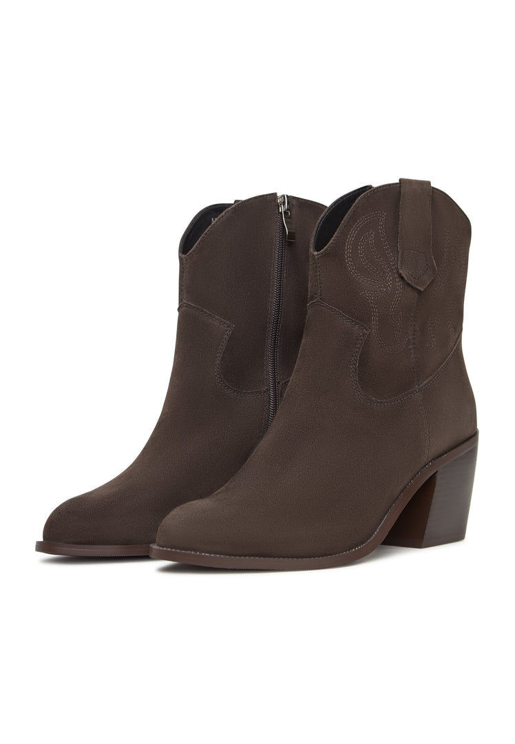 A pair of stylish brown suede ankle boots, perfect for a fashionable and chic look.